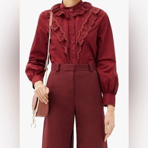 NWOT See By Chloé Ruffled Logo-Embroidered Cotton-Poplin Blouse